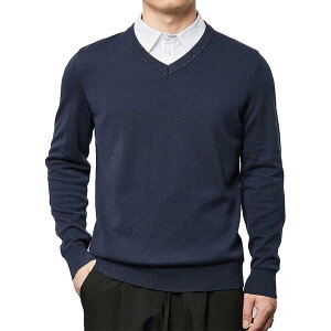 【送料無料】Moilyuko セーター メンズ Vネック ビジネス カジュアル 秋服 おしゃれ 無地 ニットセーター 大きいサイズ 春秋冬 Mo49 (L, ネイビー)