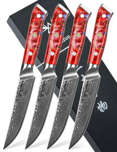 【送料無料】SANMUZUO Steak Knives Set of 4, Ultra Sharp Non Serrated Kitchen Steak Knife 5 Inch - Damascus Steel & Resin Handle - Xuan Series (Sunset Red)