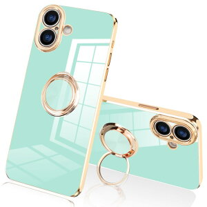 【送料無料】JOOBOY iPhone16 用 ケース リング付き メッキ加工 レンズ保護 tpu ソフト ストラップホール付き 耐衝撃 スリム おしゃれ アイフォン16 用 ケース (グリーン, iPhone 16)