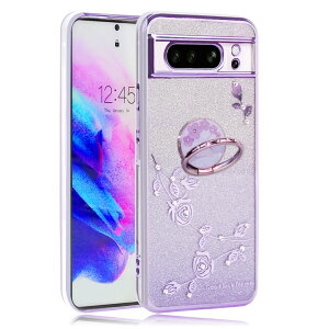 【送料無料】JOOBOY Google Pixel 8Pro ケース リング付き クリア キラキラ メッキ加工 花柄 ソフトケース TPU 薄型 おしゃれ かわいい 衝撃吸収 ブランド グーグル ピクセル 8プロ カバー (パープル,