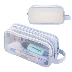 【送料無料】iSuperb ペンケース ダブルオープン 色 ブラック ネイビーブルー ショウガ グリーン ブルー ピンク 透明メッシュ 両開き窓 大容量ペンバッグ 化粧品袋 洗面用具袋 トラベルポーチ