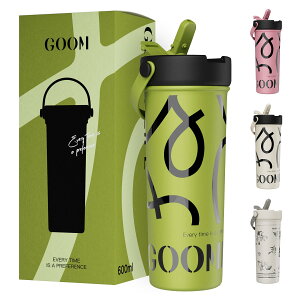 【送料無料】GOOM 水筒 マグボトル タンブラー 蓋付き 保温ボトル 600ml 316ステンレス ストローボトル 保温 保冷 真空断熱 漏れ防止 多重構造 蓋付き ストラップ付き 茶こし付き 手書き風 オシ