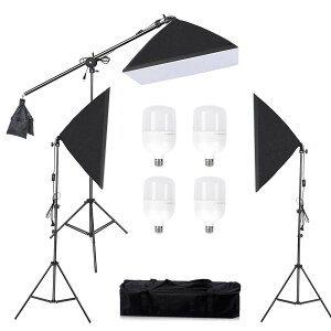【送料無料】Konseen 写真撮影用照明キット ソフトボックス 50x70cm LED電球 4個 58W 5500K 2M調整可能なライトスタンド 140cm アームブーム スタジオ キャリングバッグ付き