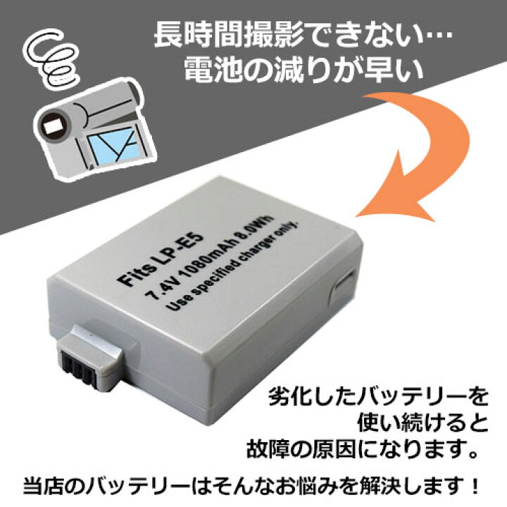 楽天市場】充電器セット キャノン(Canon) LP-E5 互換バッテリー＋USB 