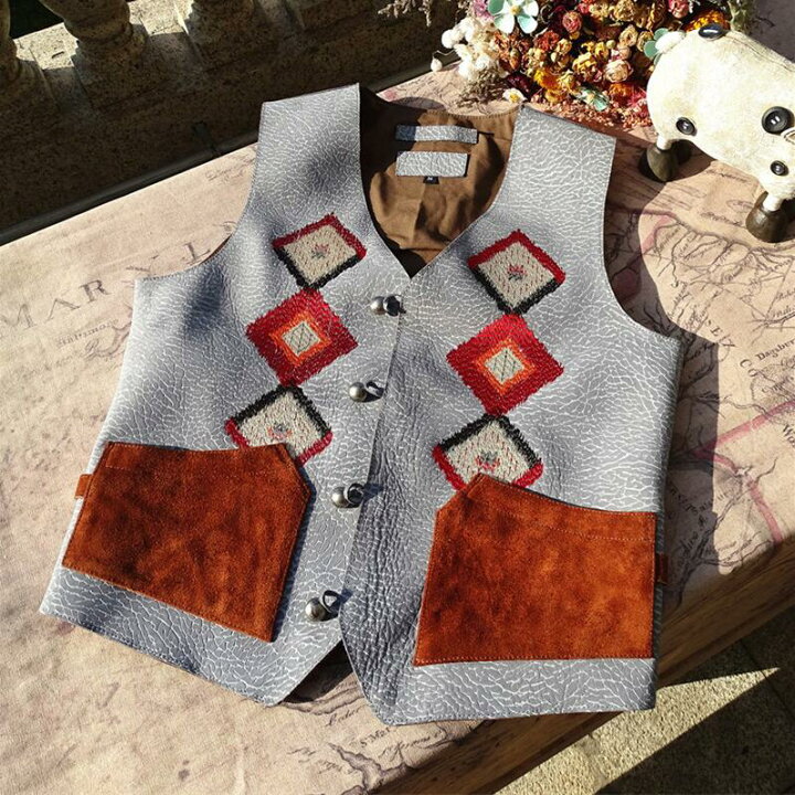 楽天市場】ヴィンテージ 復刻 レザージャーキン ベスト 本革 刺繍 牛革 