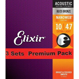 ELIXIR Acoustic 80/20 Bronze with NANOWEB Coating 3SET PACK #11002 (Extra Light/10-47)