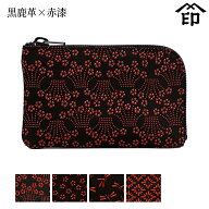 甲州印伝 ≪ 印傳屋 ≫ 1001 ファスナー小銭入れ[黒鹿革×赤漆] 【小桜菖蒲/小桜/トンボ/菱菊】和風 和装…