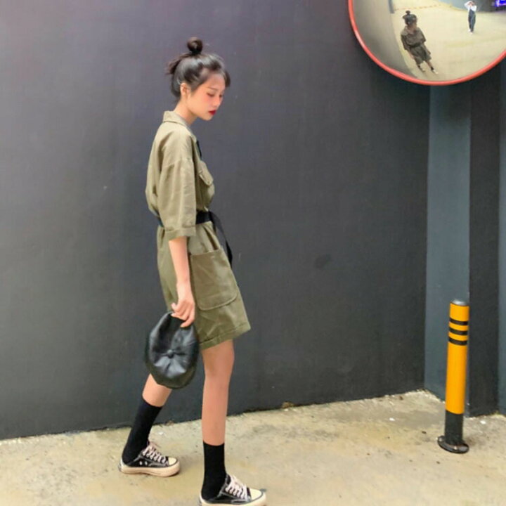 楽天市場 レディース ロンパース ショートパンツ オールインワン ベルト付き ワイドパンツ オーバーオール ポケット付き サファリ風 コンビネゾン ゆったり ジャンプスーツ お洒落 体型カバー 無地 ファッション シャツ送料無料 アーミー Ikeike0チェスト