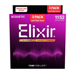 �����z�B ELIXIR #16564 [#11027 NANOWEB Custom Light 80/20 Bronze/11-52 x3�Z�b�g] �y������������3set Pack�z