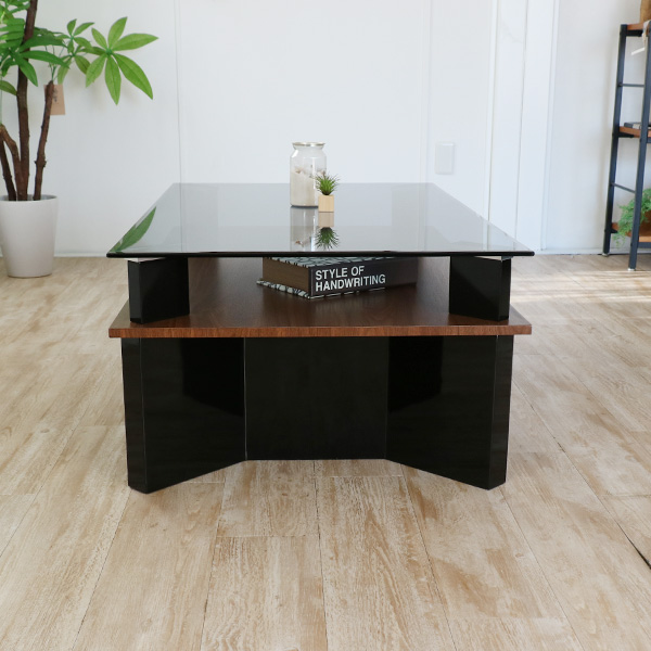 ガラステーブル ローテーブル 約幅110×奥行50×高さ38cm ブラック 木製