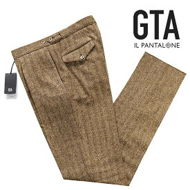 【SALE】ジーティーアー GTA ／ 【国内正規品】 ／ 22-23AW ウールシルクツイードヘリンボーンサイドアジャスター1プリーツパンツ「SERGIO」（ライトブラウン）／ セルジオ 秋冬 メンズ イタリア スラックス セミワイドパンツ