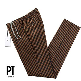 【ポイント10倍】【SALE】PT TORINO ピーティートリノ ／ 【国内正規品】 ／ 22-23AW ウールコットンライトフランネルチェックドローコードパンツ「SLIM FIT」（テラコッタ×ブラック）／ PT01 PTトリノ 秋冬 メンズ シャーリングパンツ ビジネス