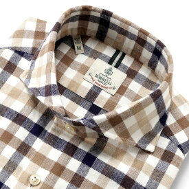 【ポイント10倍】【SALE】ルイジボレッリ ルイジボレリ LUIGI BORRELLI ／ 24-25AW コットン微起毛チェックホリゾンタルカラーシャツ「NA35（SR1743）」（ブラウン×ベージュ×ネイビー）／ あす楽非対応 イタリア カジュアルシャツ メンズ チェック
