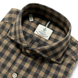 【ポイント10倍】【SALE】ルイジボレッリ ルイジボレリ LUIGI BORRELLI ／ 24-25AW コットン微起毛チェックホリゾンタルカラーシャツ「NA35（SR44766）」（ライトブラウン×チャコールグレー）／ あす楽非対応 イタリアシャツ メンズ チェック
