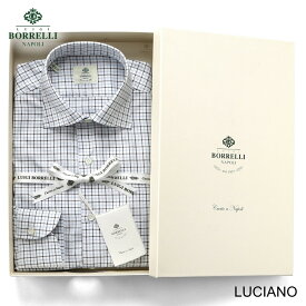 ルイジボレッリ ルイジボレリ LUIGI BORRELLI ／ 25-26AW コットンオックスタッターソールチェックセミワイドカラードレスシャツ「LUCIANO(SR3923)」（ネイビー×サックスブルー×ホワイト）【ラッピング対応】／ メンズ イタリア 手縫い ビジネス ワイシャツ