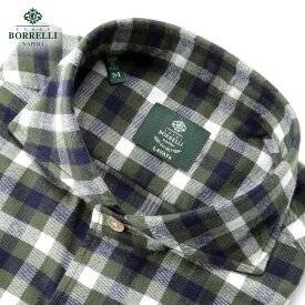 【ポイント10倍】ルイジボレッリ ルイジボレリ LUIGI BORRELLI ／ 25-26AW コットン微起毛ツイルチェックホリゾンタルカラーカジュアルシャツ「NA35(LT1911)」（グリーン基調）／ イタリア カジュアルシャツ メンズ チェック