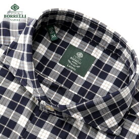 【ポイント10倍】ルイジボレッリ ルイジボレリ LUIGI BORRELLI ／ 25-26AW コットンツイルチェックホリゾンタルカラーカジュアルシャツ「NA35(LT1908)」（ネイビー×ホワイト×ベージュ）／ イタリア カジュアルシャツ メンズ チェック