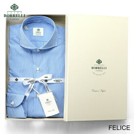 ルイジボレッリ ルイジボレリ LUIGI BORRELLI ／ 26SS コットンポプリンマイクロチェックホリゾンタルカラードレスシャツ「FELICE（SR441049）」（ブルー×ホワイト）【ラッピング対応】／ メンズ イタリア 手縫い ビジネス ワイシャツ
