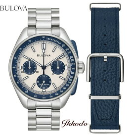 ブローバ BULOVA ルナパイロットクロノグラフ Lunar Pilot Chronograph ムーンウォッチ クォーツ 45ミリ ホワイト×ネイビー文字盤 ステンレスケース&ブレス 替えレザーバンド付属 5気圧防水 日本国内正規品 3年保証 98K112