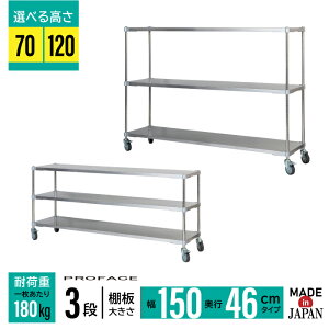 【エントリーでP10倍◆】ステンレスシェルフワゴン 幅150 46×150 3段 キャスター H70 H120 ワゴン 日本製 耐薬 耐錆 ステンレス 丈夫 頑丈 衛生的 厨房 研究 PROFACE 実験 医療 工場 ホテル 学校 給食