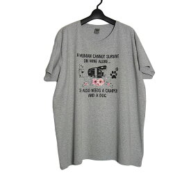 ほぼ新品 レディース Tシャツ 大きいサイズ3XL プリントTシャツ ティーシャツ グレー色 ワイン キャンピングカー 犬 半袖 【中古】【異国屋】