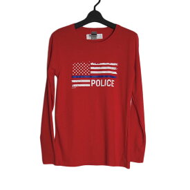 【新品】GILDAN レディース ロングスリーブ tシャツ 星条旗柄にPOLICE プリントTシャツ 長袖 Sサイズ 赤色 ティーシャツ ロンt ロンティ