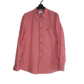 【中古】Waldschutz チェック柄 チロルシャツ メンズ Lサイズ 長袖 ヨーロッパ 民族衣装 赤チェックシャツ 古着