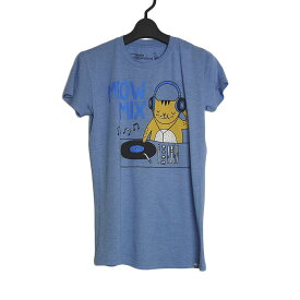 【新品】tシャツ 猫のDJ アニマル プリントTシャツ デッドストック New Standard レディース Lサイズ ティーシャツ 半袖 トップス 動物柄 水色【異国屋】