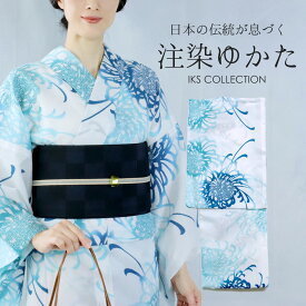 IKS COLLECTION レディース浴衣 彩 No.03 糸菊 単品 綿麻 しじら織 注染 プレタ お仕立て済 日本製 菊 夏ブルー 水色 花柄 夏着物 ゆかた 上品 大人 かわいい 30代 40代 50代 60代