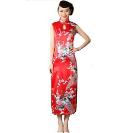 パーティードレス ロング チャイナドレス シルク混 チャイナ ドレス ロングドレス チャイナ服 ノースリーブ クジャク柄 花柄 ロング丈 コスプレ 衣装 セクシー China Dress 1005