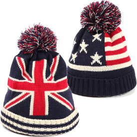 ニット帽 ポンポン付き 保暖 冬用 国旗 イギリス ユニオンジャック アメリカ 星条旗 CAP 4951
