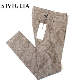 【80%OFF・新品・28】 SIVIGLIA WHITE(シヴィリア)コットンストレッチツイル プリントテーパードチノパンツ グレー×ブラウン B2A7-1468