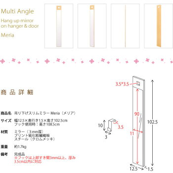 スリムミラーMeria(メリア)壁掛けミラー吊り下げタイプフック付き付け替えラクラクナチュラルカラー木目デザインシンプルかわいいおしゃれインテリア姿見全身鏡壁掛けミラー軽量コンパクトミラーAR-MR02