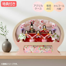 ◆特典付き【展示現品】【2026年度新作】 雛人形 ひな人形 衣裳着人形 衣裳着 ケース飾り アクリルケース 五人飾り ちりめん 円形 丸型 楕円形 雪洞点灯 ピンク系 送料無料 桃の節句 ひな祭り 映え 【501S26】【数量限定】