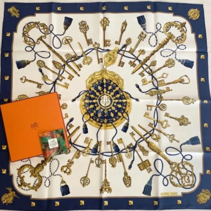 HERMES】エルメス カレ90 大判スカーフ LES CLES 鍵柄 ホワイト  