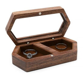 ZIYUE 指輪 ケース リングケース 木製 2個用 ミニジュエリーボックス 収納ケース 高級素材 プロポーズ 結婚 婚約指輪 持ち運び ジュエリー 収納ボックス (B:内張りブラウン)