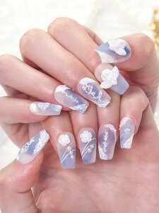 手作りマットネイルチップ水色パール3D台形付け爪薄手ネイルチップ日常成人式入学式パーティー卒業式レディース10枚入(M)パープル