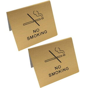 Umora禁煙NoSmokingテーブルカードスタンドステンレス製注意サインプレート店舗標識案内飲食店卓上札机デスク英語2枚(イエローチタン)