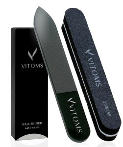 VITOMS【プロネイリスト推薦】爪やすり爪磨きガラス解説動画付つめやすりつめみがきネイルファイルネイルケアピカピカ艶出しスポンジファイルセットブラック(ストレート)