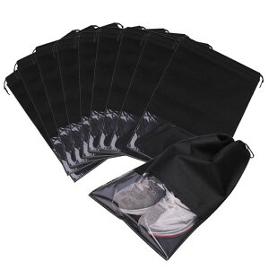 C-POSH靴袋巾着不織布シューズバッグ収納袋服入れ透明窓付き靴収納ケース(黒L10枚入り)