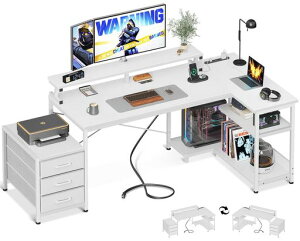 ODKパソコンデスク引き出し3杯付きゲーミングデスクコンセント付きl字デスクデスク机幅184/146*80pcデスク棚付き収納オフィスデスク在宅勤務仕事用組立簡単ホワイト