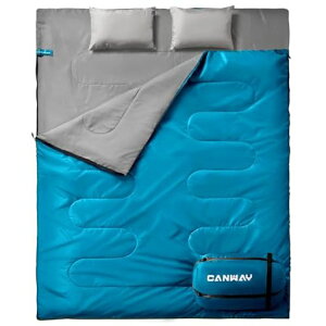 CANWAY寝袋2人用防水シュラフスリーピングバッグ封筒型キャンプ連結解体可能車中泊防災用自宅用避難用コンパクト最低温度0度枕2つ・収納パック付(ブルー)