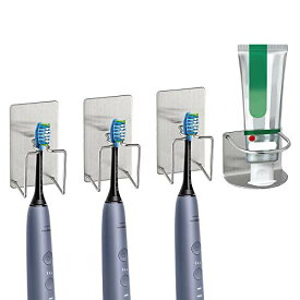Phitruer 歯ブラシスタンド + 歯磨き粉ホルダー 4個組セット ステンレス製 歯ブラシ立て 歯磨き粉 電動歯ブラシ 置き 粘着 壁掛け 防