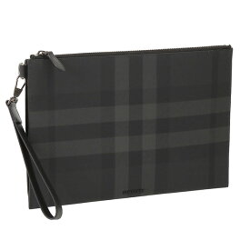 【タイムSALE＆P5倍】バーバリー／BURBERRY "EDIN”チャコールチェック ラージ ジップポーチ・リストレット付きロゴ入りクラッチバッグ・セカンドバッグ・ポーチ(チャコール) 8074693 A1208／CHARCOAL