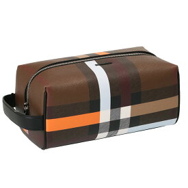 【タイムSALE＆P5倍】バーバリー／BURBERRY "WASH BAG”チェック＆レザー トラベルポーチ(ダークバーチブラウン) 8062874／DARK BIRCH BROWN