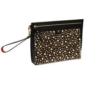 【タイムSALE＆P10倍】クリスチャンルブタン／CHRISTIAN LOUBOUTIN "CITYPOUCH SPIKES シティポーチ"ゴールドスパイクデザイン・リストレット付きクラッチバッグ・ポーチ(ブラック×ゴールド) 1235056 CM6S／BLACK*GOLD