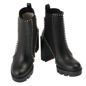 【タイムSALE＆P10倍】クリスチャンルブタン／CHRISTIAN LOUBOUTIN "OUT LINE SPIKE LUG"10cmヒール・アンクルブーディー・スタッズ サイドゴアショートブーツ(ブラック×シルバー) 3220852 BK01／BLACK*SILVER