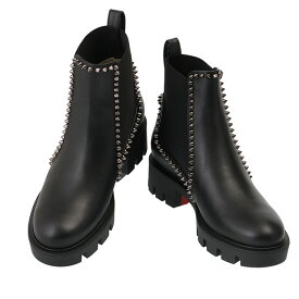 【タイムSALE＆P5倍+クーポン5%OFF】クリスチャンルブタン／CHRISTIAN LOUBOUTIN "OUT LINE SPIKE FLAT"4cmヒール・アンクルブーディー・スタッズ・サイドゴアショートブーツ・フラットブーツ(ブラック×シルバー) 3221092 BK01