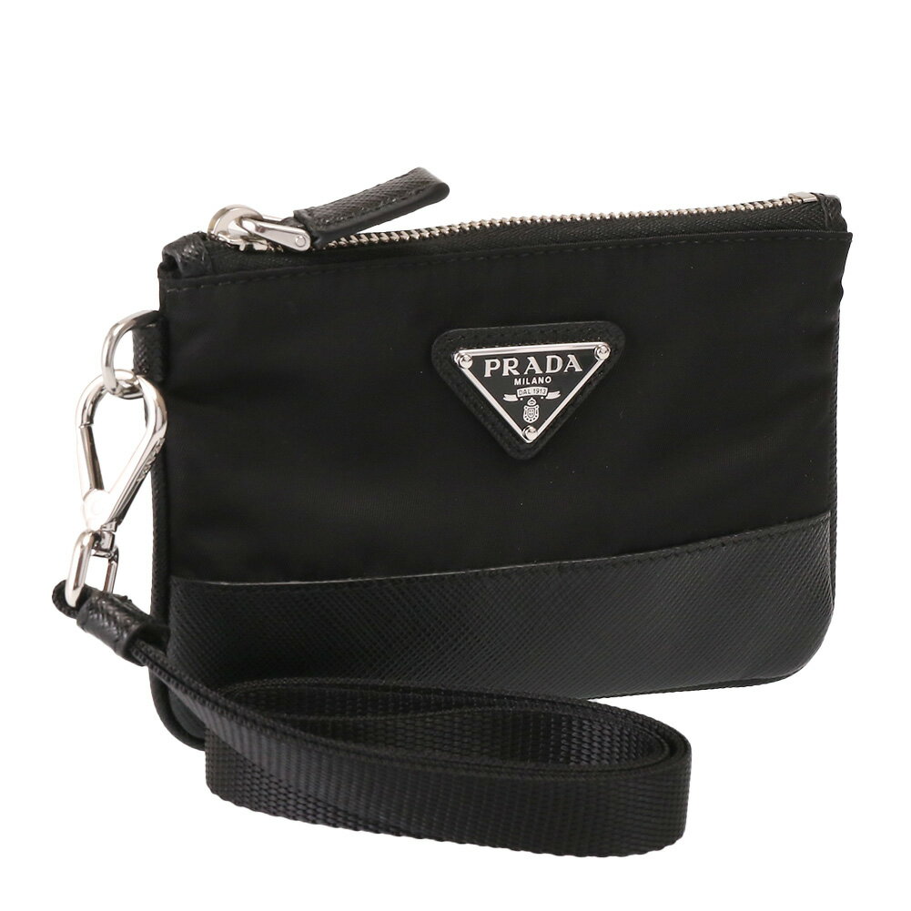 【5%OFFｸｰﾎﾟﾝ】プラダ／PRADA ” Re Nylon xサフィアーノレザーカードケース" リサイクルナイロン×型押しレザー リストレットストラップ付 コインケース・トライアングルロゴ カードケース(ブラック) 2MR041 TESSUTO + SAFFIANO(2DMH)NERO