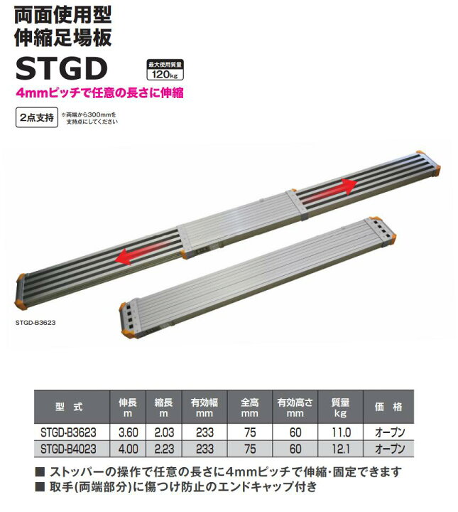 楽天市場】ピカ Pica アルミ伸縮足場板 STGD-B4023 4.0M アルミ両面 